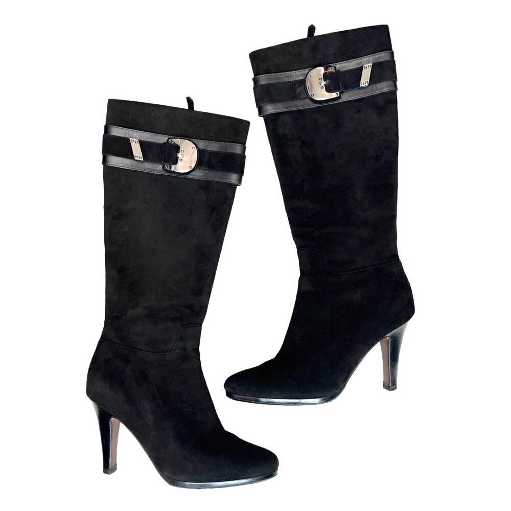 Cole Haan Black Suede Knee High Boots Nike Air Buckle Heel Size 8.5